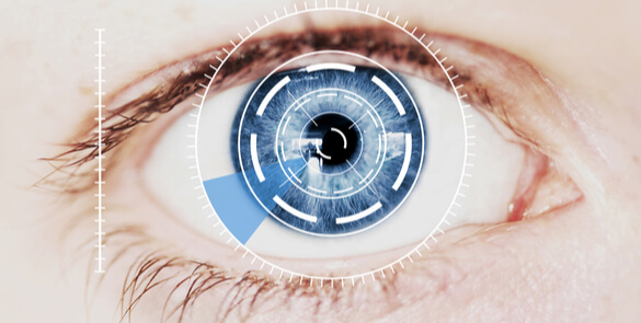 Close up of an eye with a diagram of concentric rings overlaid showing the layers of the retina.